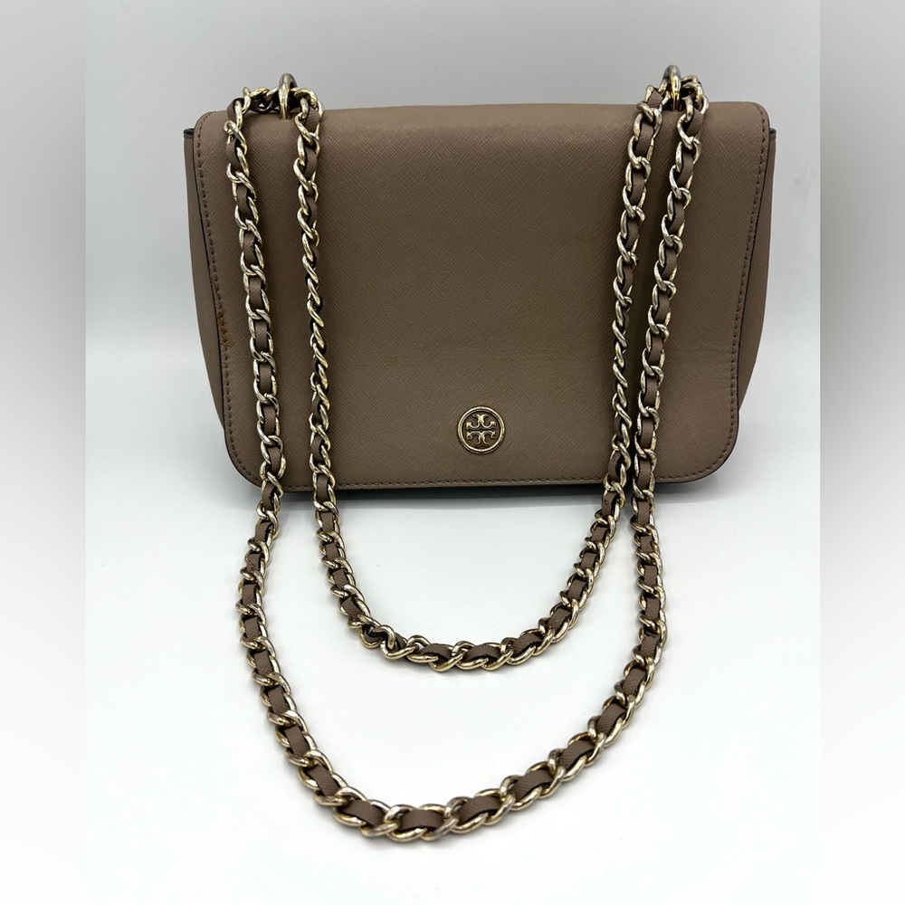 Tory Burch Taupe Crossbody Purse with Adjustable Gold-Toned Chain Strap.